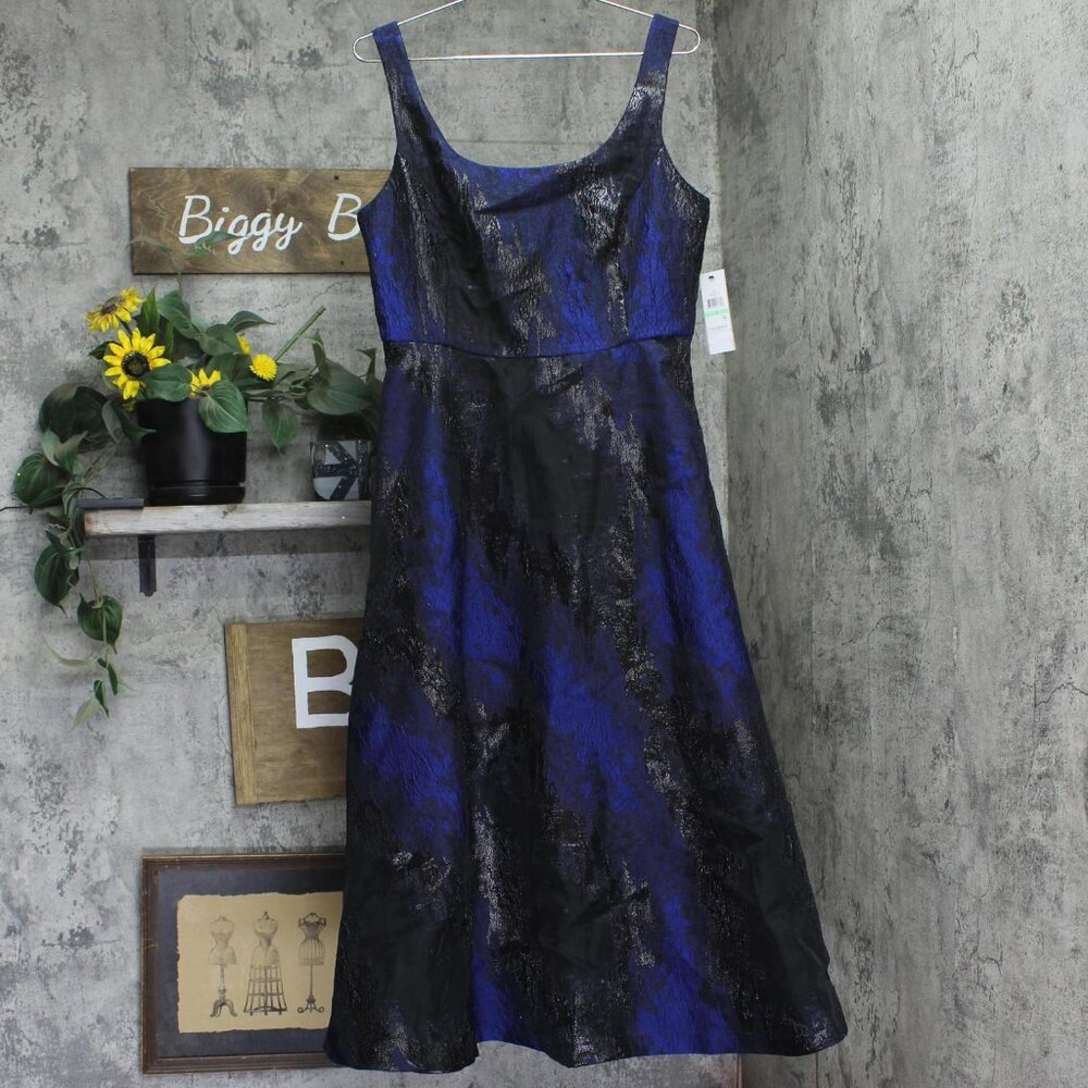 NWT DKNY Womens Metallic Jacquard Scoop-Neck Midi Dress Navy Blue 8 - Picture 6 of 13